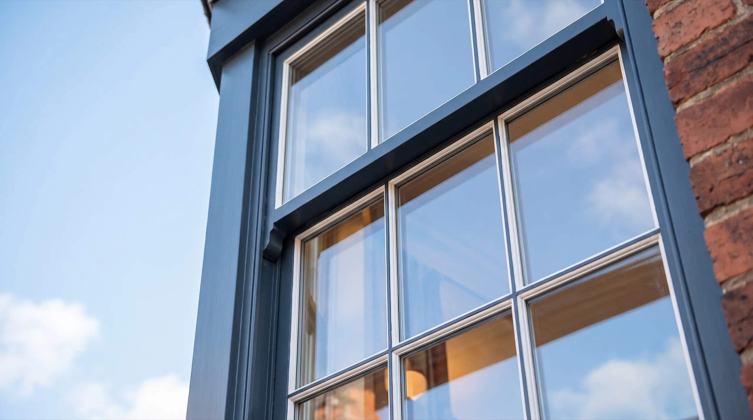 Freshly cleaned dark blue sash window reflecting a clear sky on a red-brick Dorset home