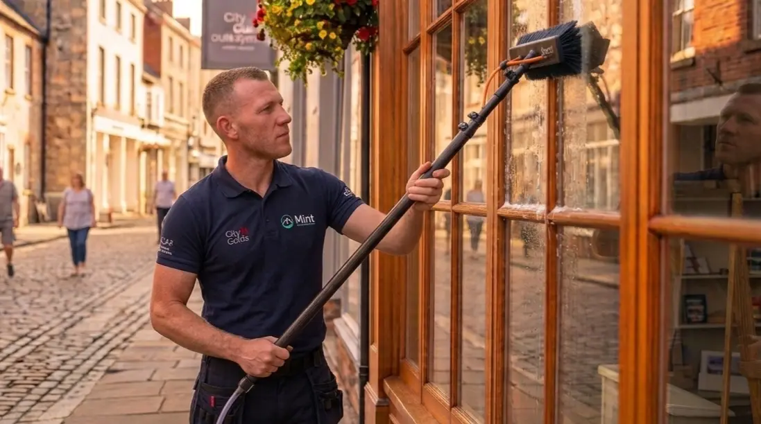 Commercial window cleaning of a shopfront on a Dorchester high street
