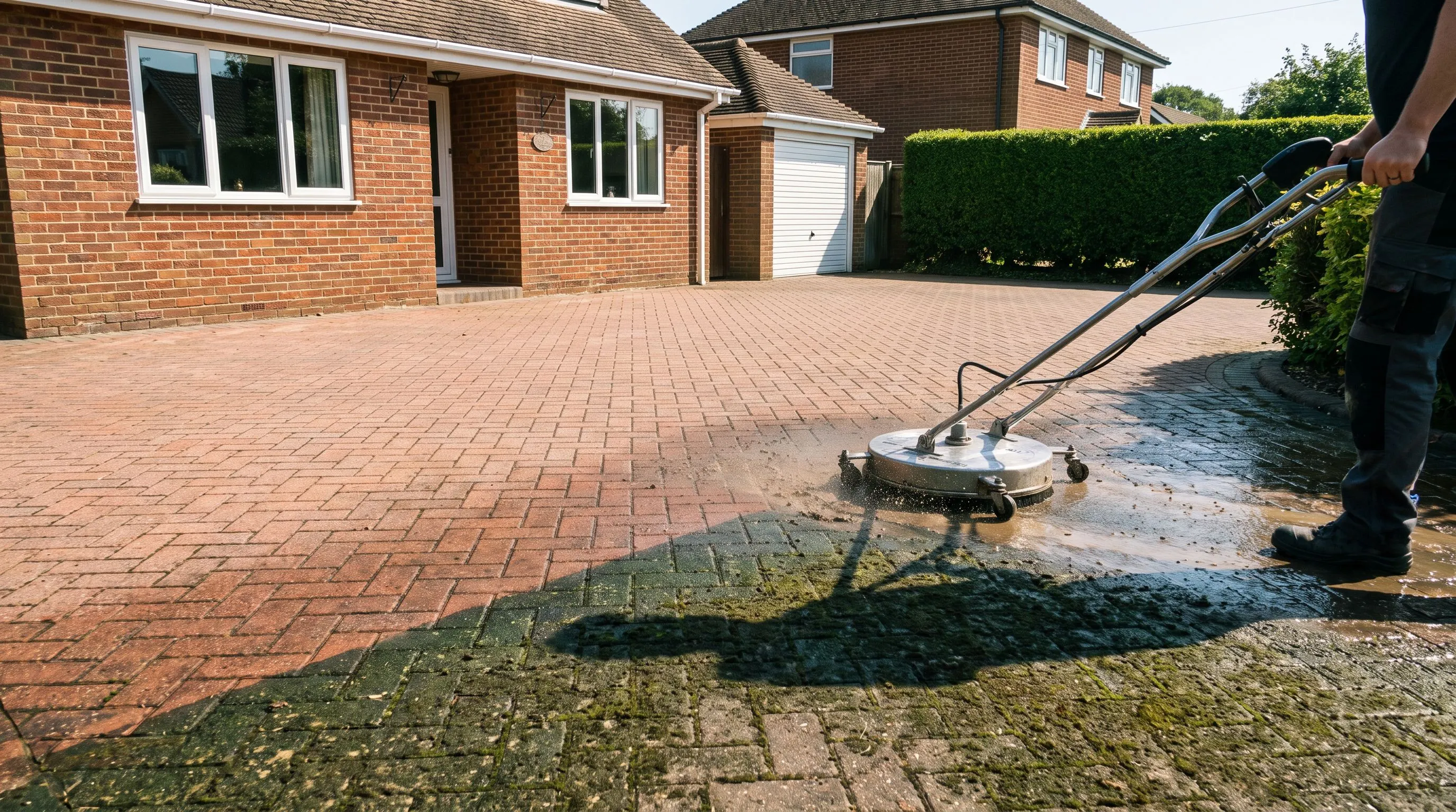 Driveway cleaning in Dorset restoring herringbone block paving outside a detached house