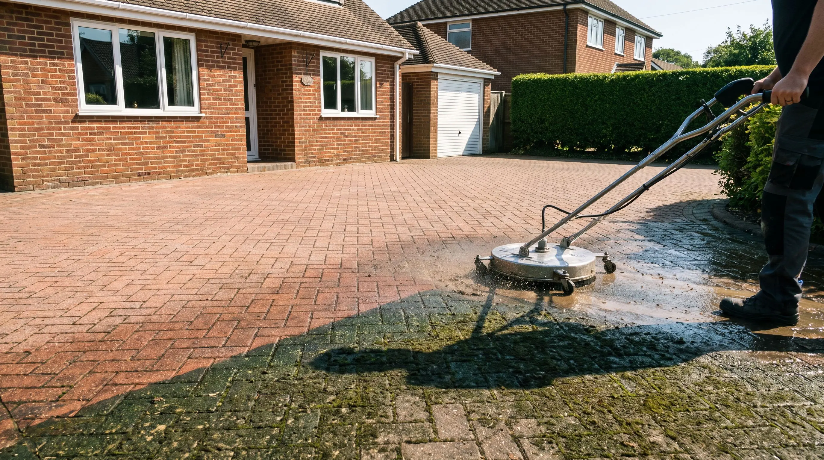 Driveway cleaning in Dorset restoring herringbone block paving outside a detached house
