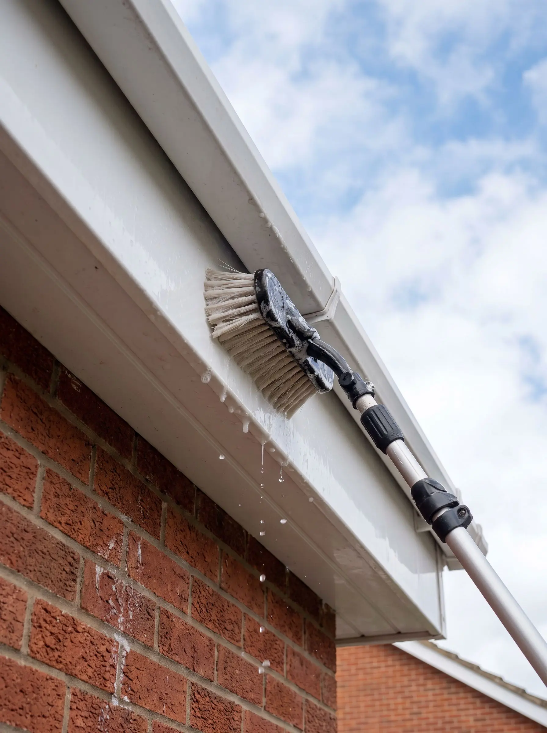 Soft brush washing white fascia boards and soffits on a modern house