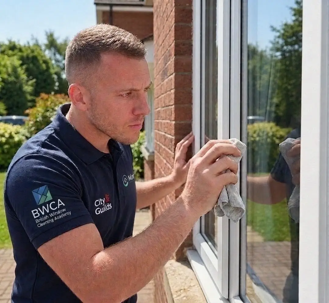 Window cleaner wiping down a window frame during the final check