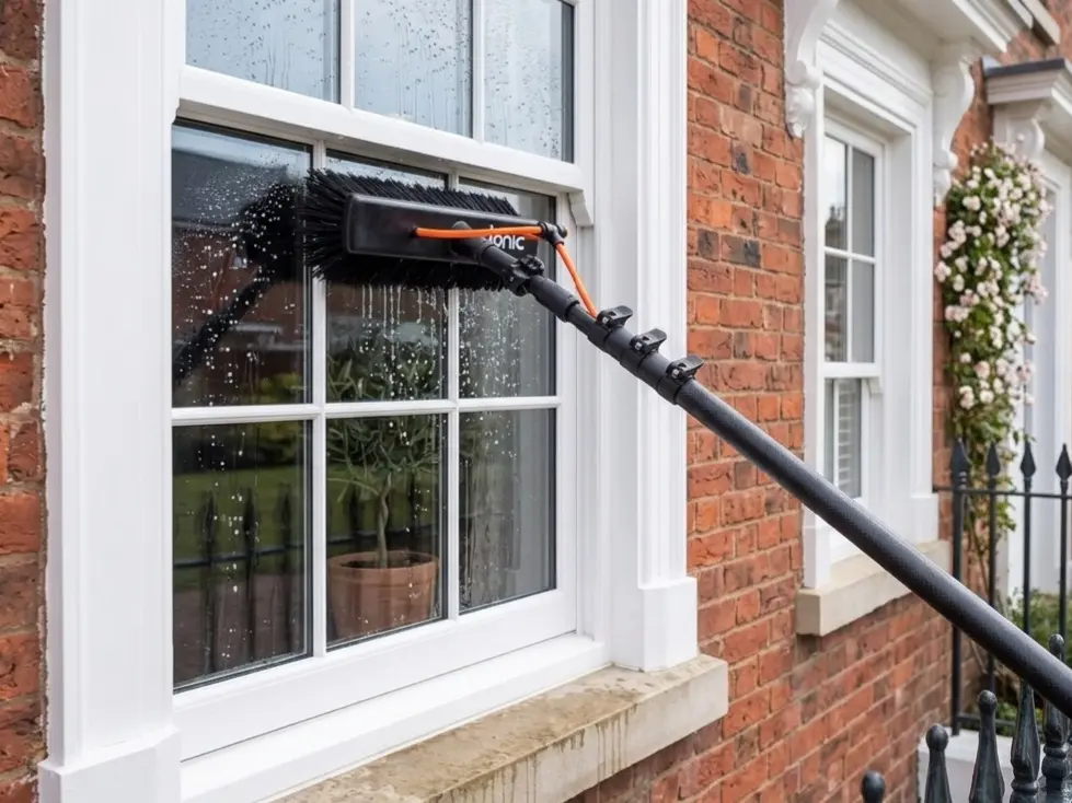 Water fed pole brush scrubbing a sash window with purified water