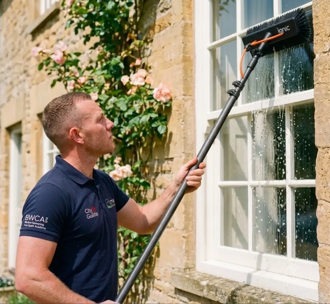 Window cleaner rinsing a stone cottage window with a water fed pole