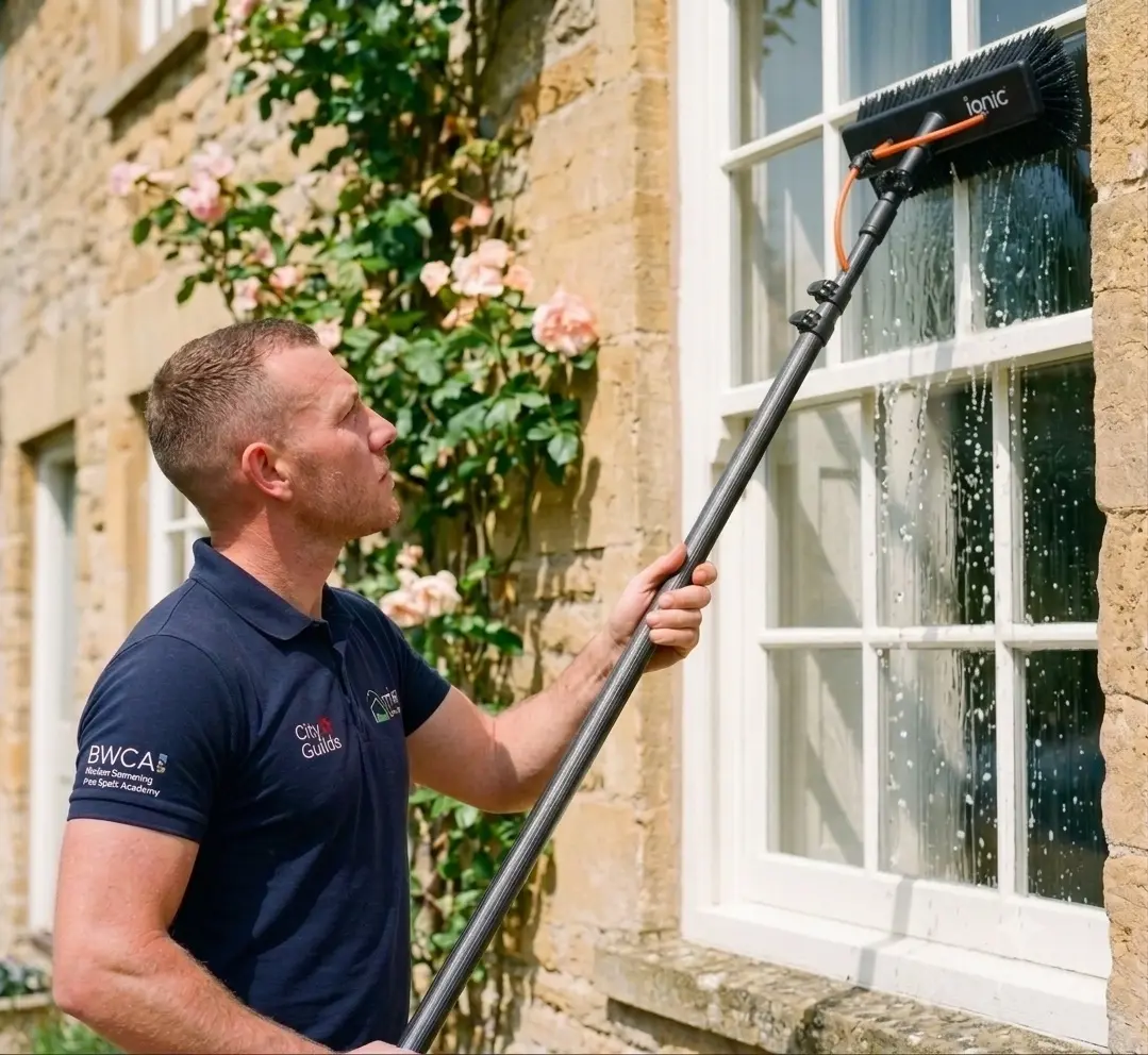 Window cleaner washing the sash windows of a Dorset stone cottage with a water fed pole