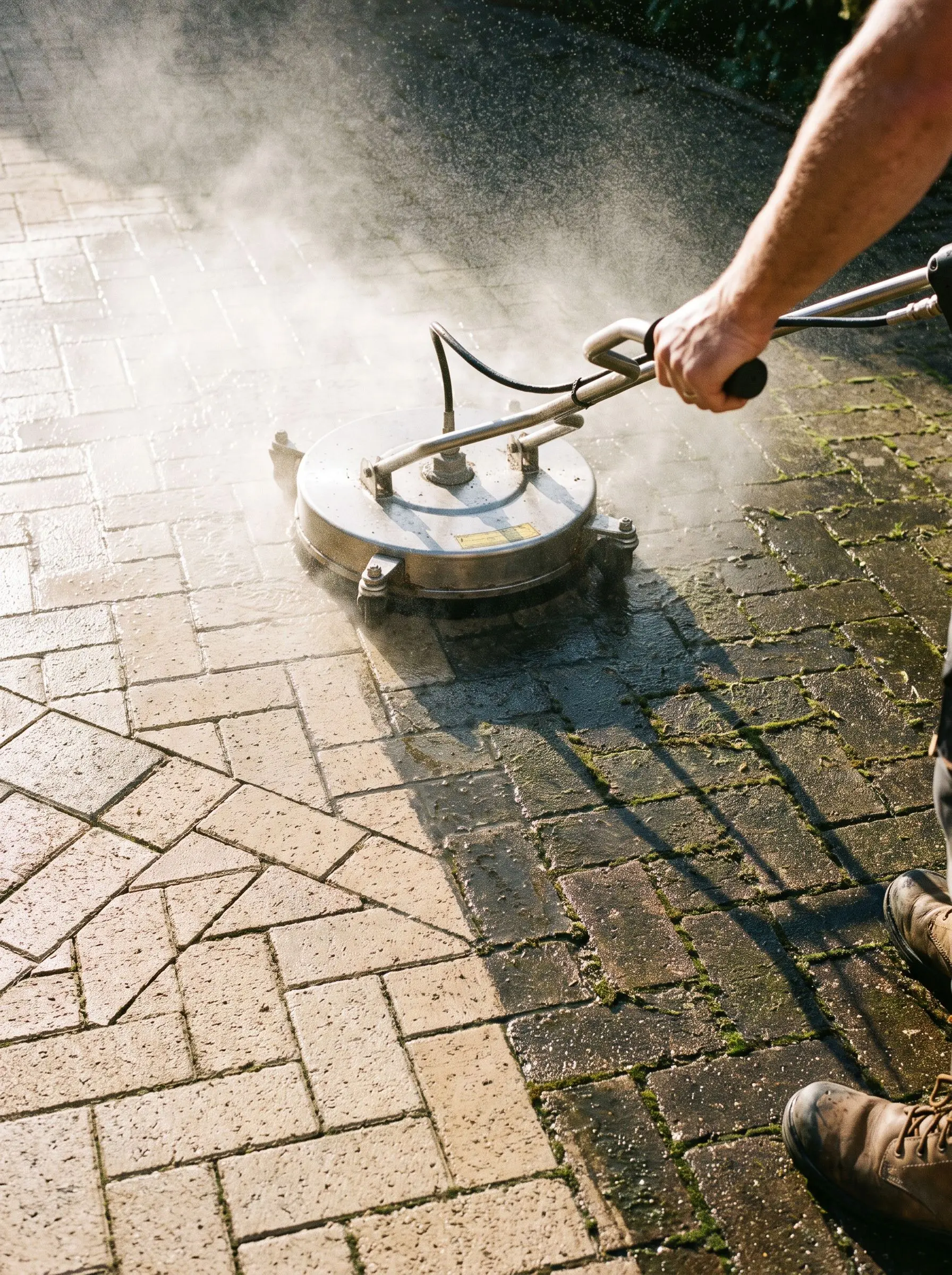 Pressure washer lifting grime from a block-paved driveway