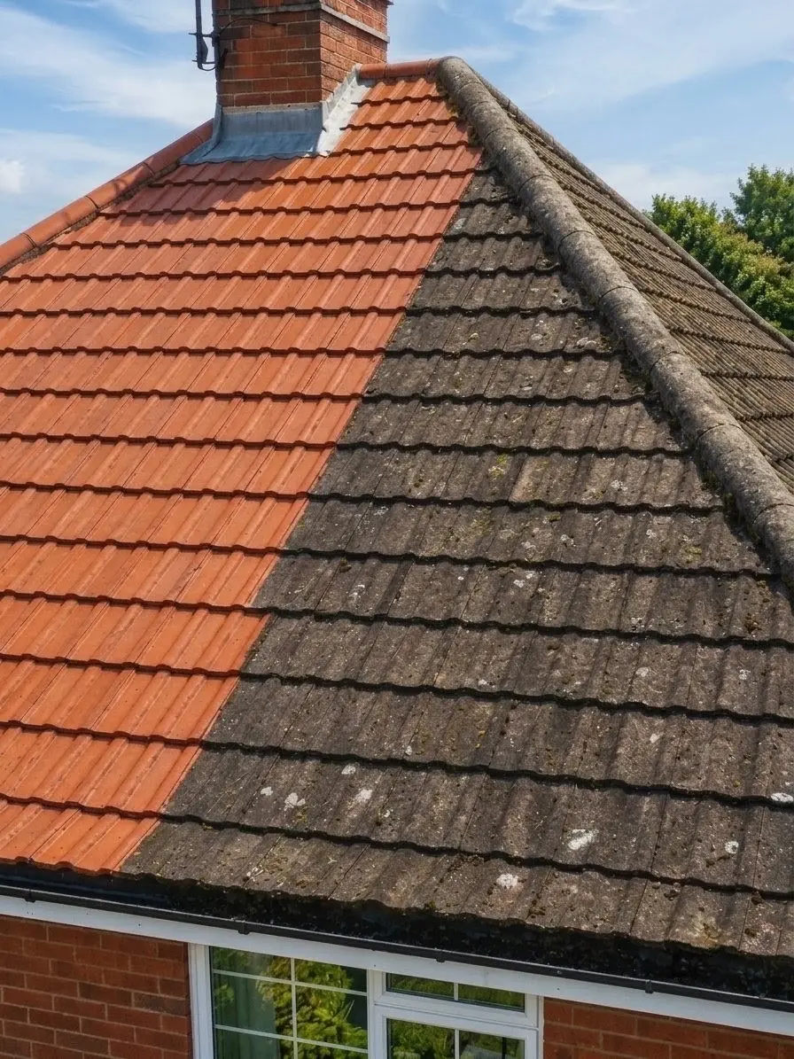 Tiled roof in Dorset half cleaned of moss showing the before and after difference