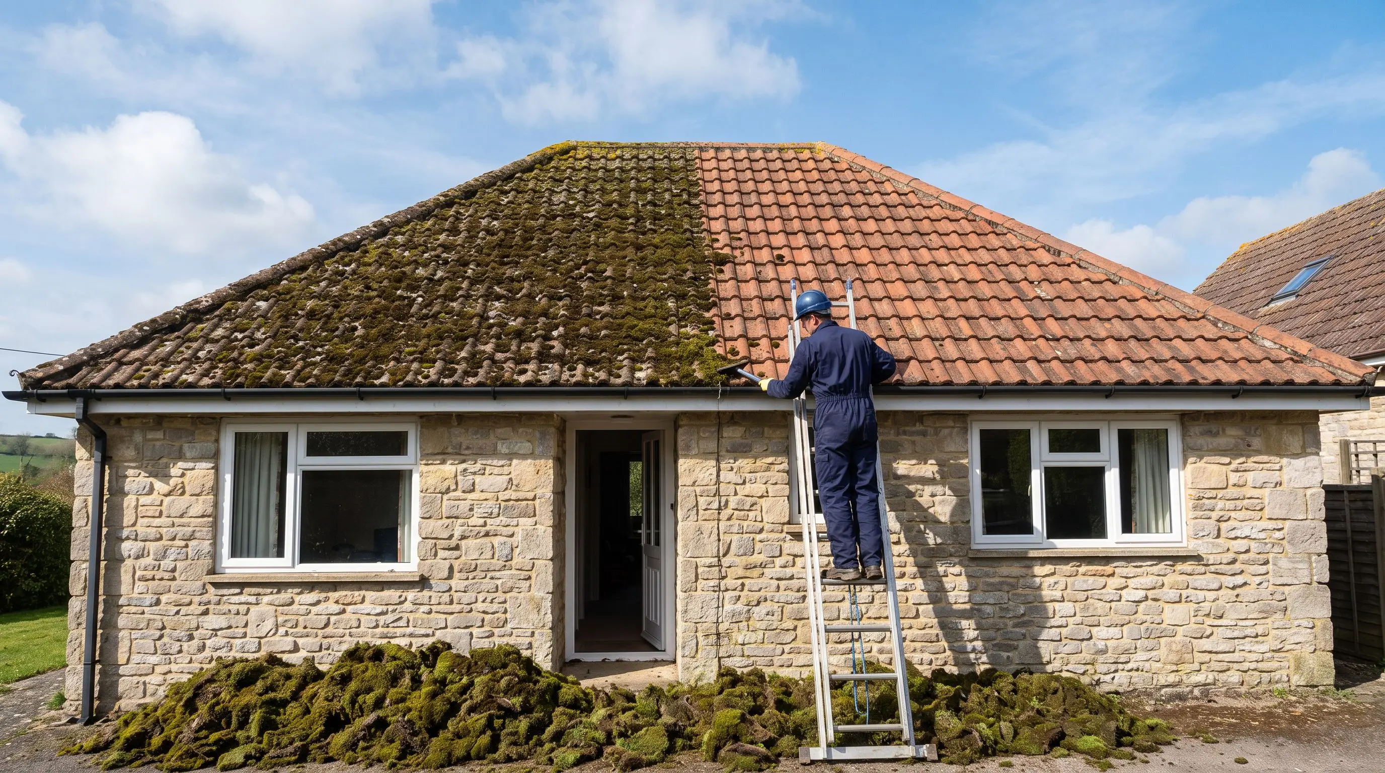 Roof cleaning in Dorset with moss being scraped from clay tiles on a bungalow