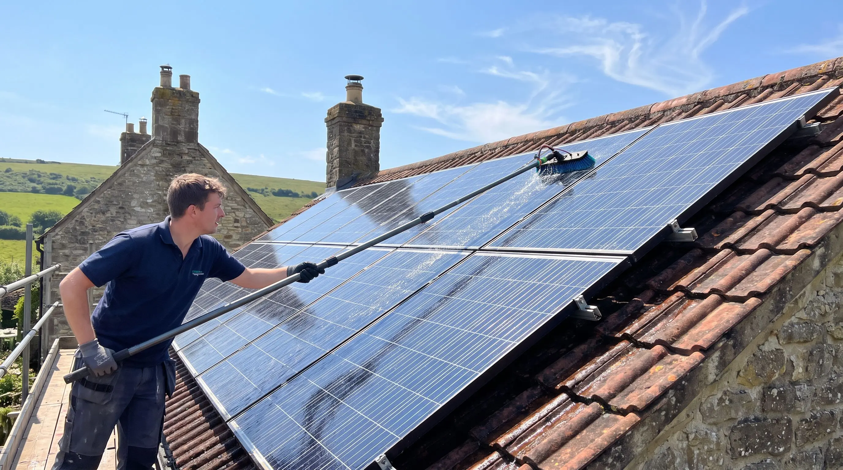 Solar panel cleaning in Dorset with a soft water fed brush on a rooftop array