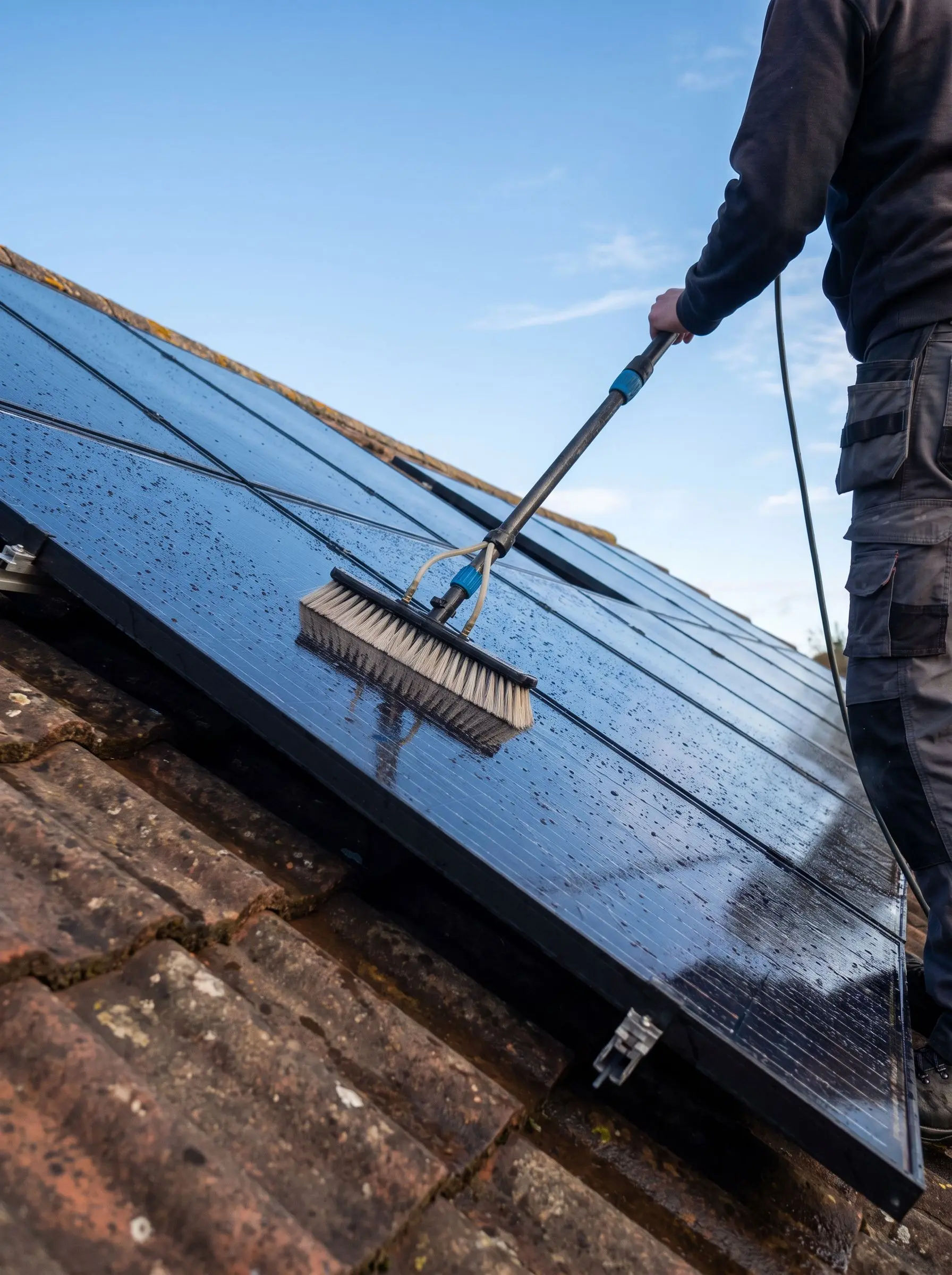 Rooftop solar panels being washed with a soft water fed brush