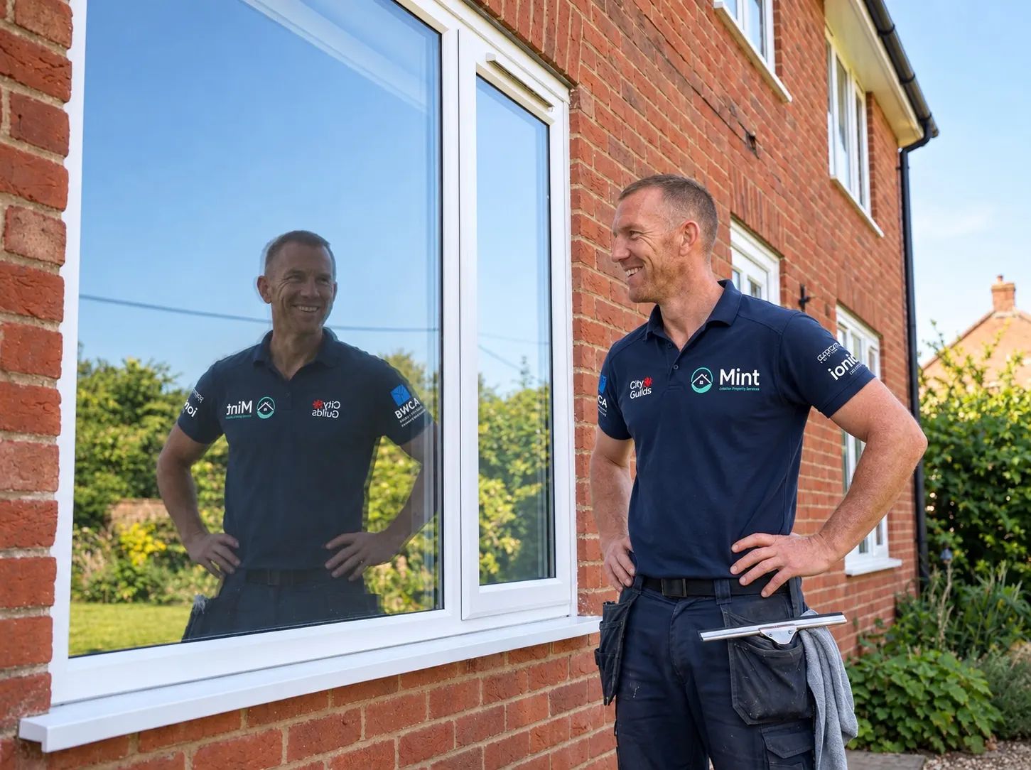 Mint window cleaner smiling at a freshly cleaned window on a red-brick Dorset home
