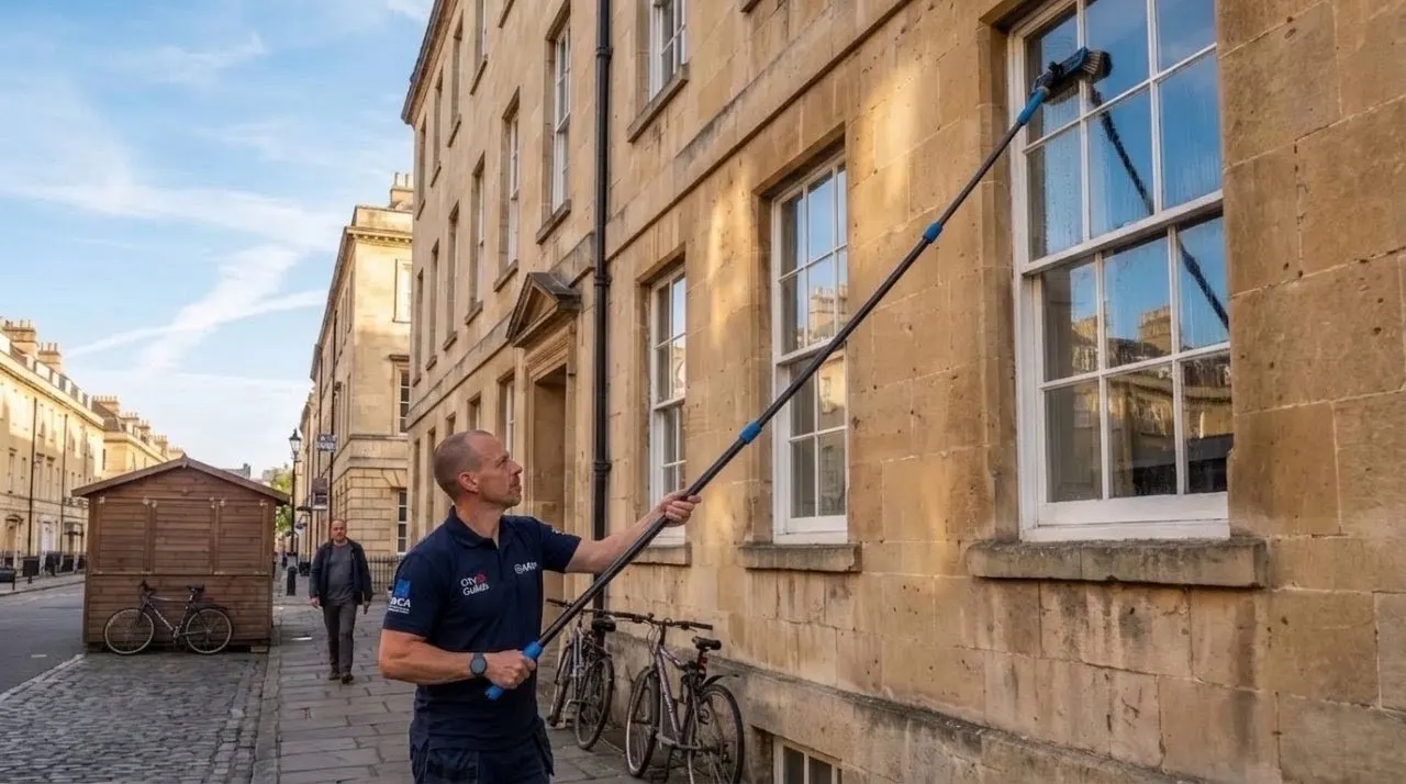 Window cleaner in Dorset washing the upstairs windows of a Georgian townhouse with a water fed pole