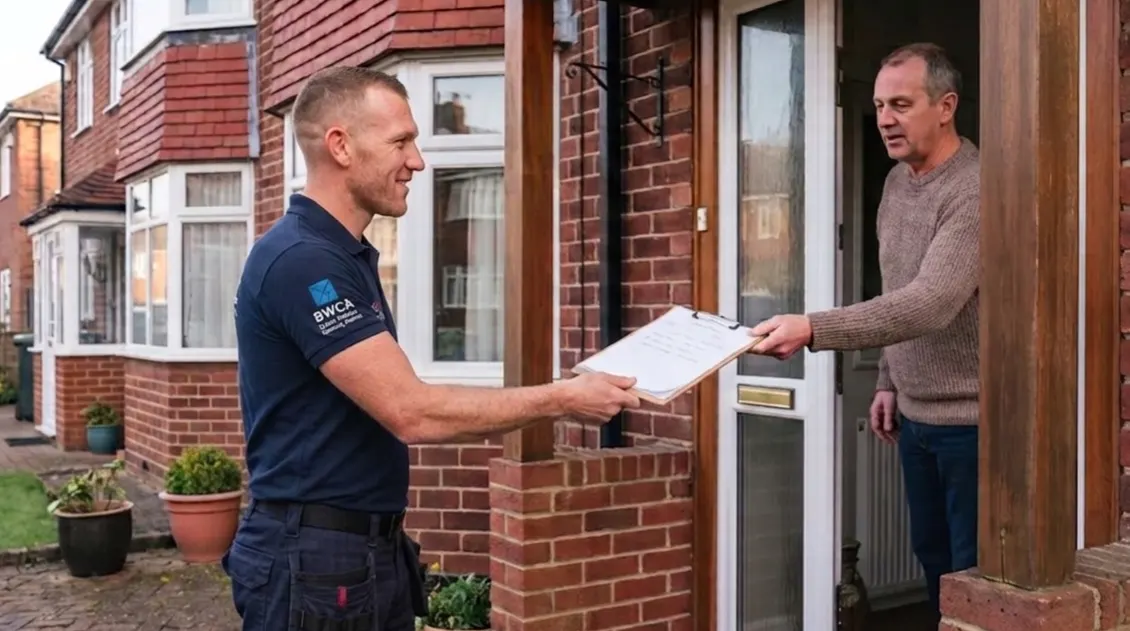 Window cleaner handing a written window cleaning quote to a homeowner at the door of a UK semi-detached house